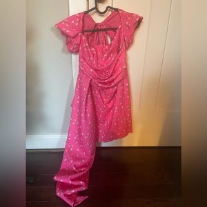 backless pink floral mini dress with piece hanging on the side??